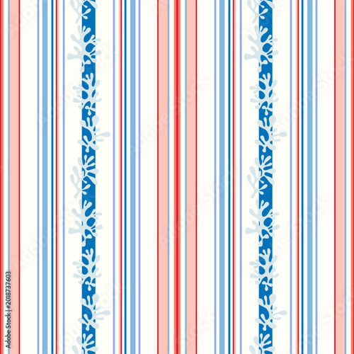 Nautical red and blue striped coral ribbons seamless pattern. Summer, coastal concept design for textiles, wallpaper, wrapping paper, backgrounds and stationery, seaside decor