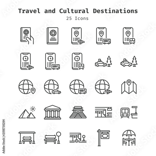 travel and cultural destinations icons collection