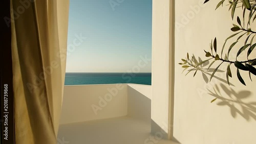 White Linen Curtain Blowing In Gentle Sea Breeze On Sunny Mediterranean Balcony. Olive Branch Shadows Dance On Wall With Turquoise Ocean View. Serene Summer Vacation Atmosphere.
