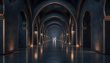 A dark corridor with arches leads to an illuminated background