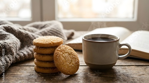 Golden Tea Cup with Cookies and Warm Beverage Isolated on White Background