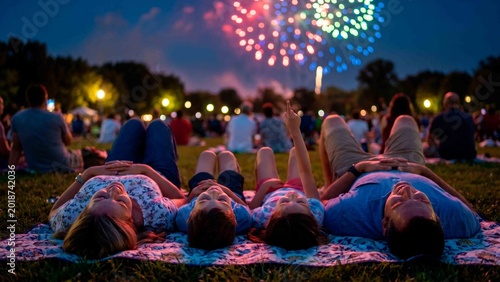 Family relax on blanket watch colorful fireworks light up night sky with joy and awe