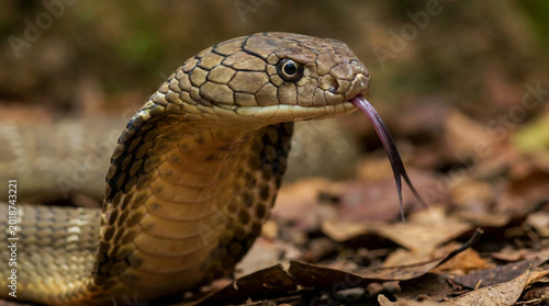 Snake flicking tongue on forest floor with dry leaves
