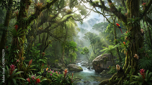 Tropical rainforest waterfall with lush greenery and sunlight filtering through trees