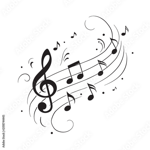Fotografía Musical notes with treble clef on wavy staff lines, black ink hand drawn music s