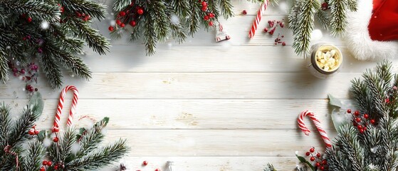 Festive border snow pine, red berries, candy canes, Santa hat corner on light wood, center copyspace. Flat lay.