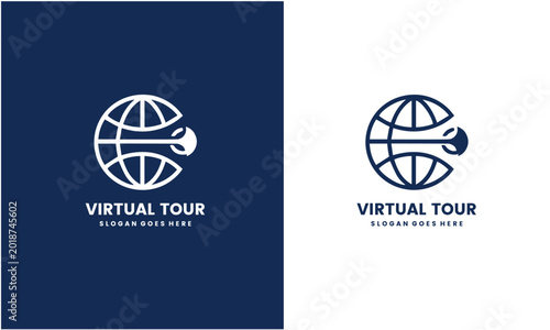 Virtual tour logo with globe and magnifying glass icon design