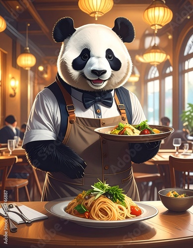 Panda waiter serving pasta