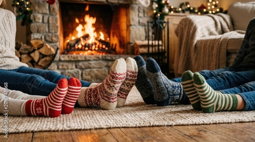 A cozy scene shows a couple relaxing on a rug in front of a stone fireplace. They are wearing warm sweaters and have colorful patterned socks on their feet.