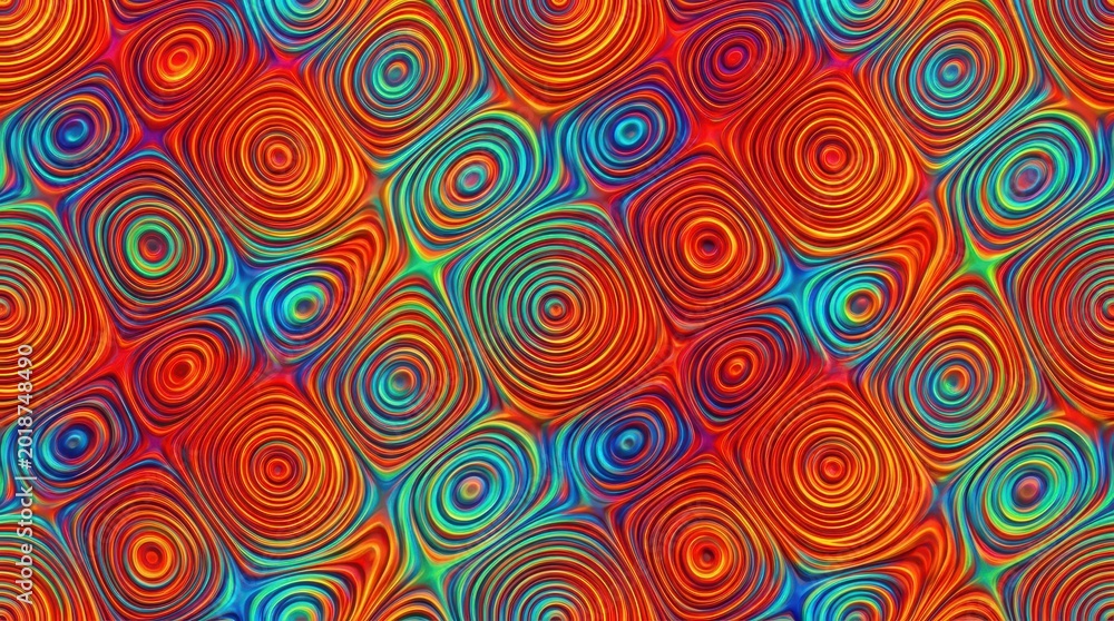 Psychedelic seamless pattern with vibrant liquid swirls, colorful trippy background texture, abstract optical illusion wallpaper