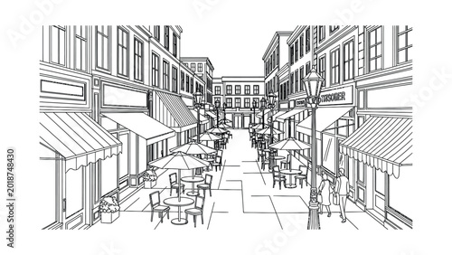 Architectural sketch of a bustling European style pedestrian street with outdoor dining cafes.