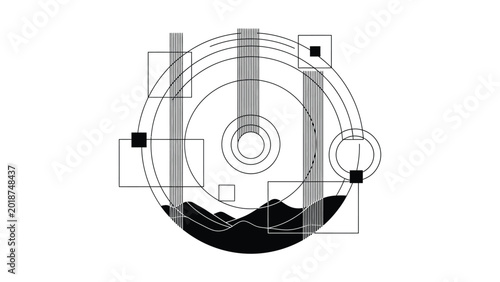Abstract circular geometric composition with minimalist landscape elements and digital shapes.