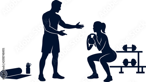 Photos Man instructing woman in squat exercise with dumbbells
