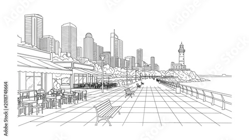 Hand drawn illustration of a seaside promenade with outdoor seating and skyscrapers.