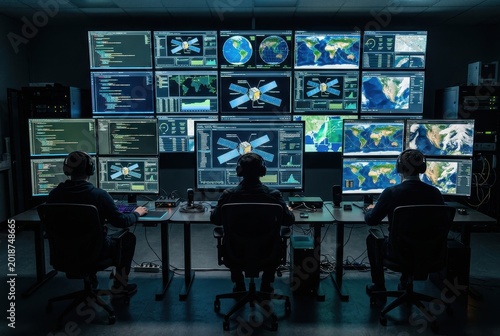 Space mission control center with operators, satellite tracking command room, global telemetry monitoring station