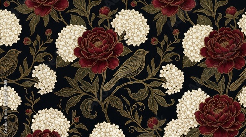 Vintage floral seamless pattern with burgundy peonies and birds, dark botanical wallpaper design, elegant textile background