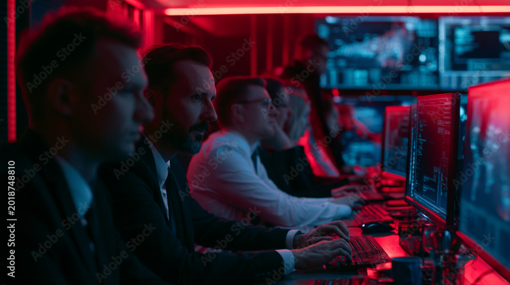 Obraz premium Futuristic Workspace with Team Analyzing Data on Monitors: Cybersecurity, Communication, and Efficiency Prioritized