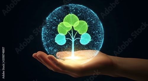 Hand holding glowing digital tree with leaves and binary code on transparent background