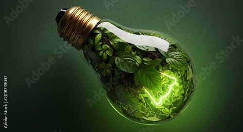 Light bulb filled with green plant leaves and roots glowing from within on dark background