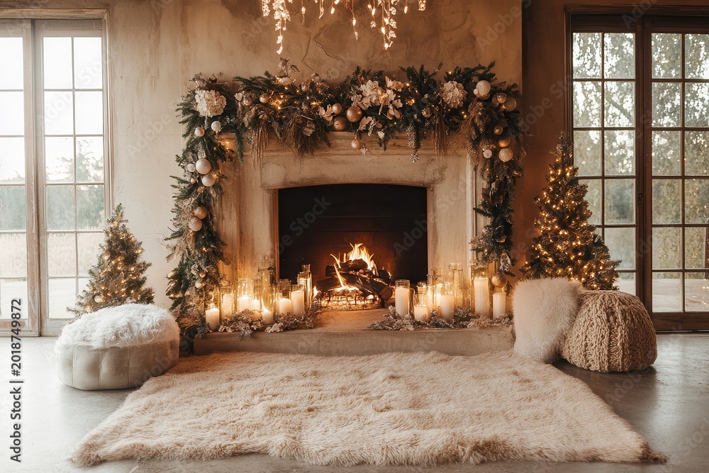 Naklejka premium Warmly lit fireplace with evergreen garland, white/gold ornaments, glass candle holders. Two small trees flank hearth poufs on either side. Shag rug covers floor. Natural light from French doo