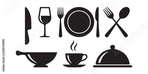 Tableau sur toile Minimalist culinary black silhouette icon set featuring food and dining symbols,