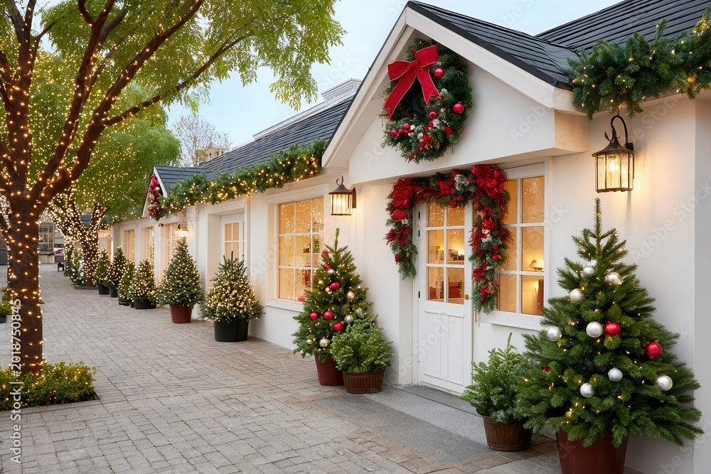 Fototapeta premium White clapboard buildings with red bow wreaths and poinsettias, lit by string lights, create a festive holiday scene along a brick sidewalk.
