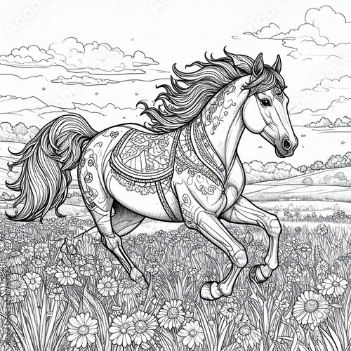Ornate steed in flowery field