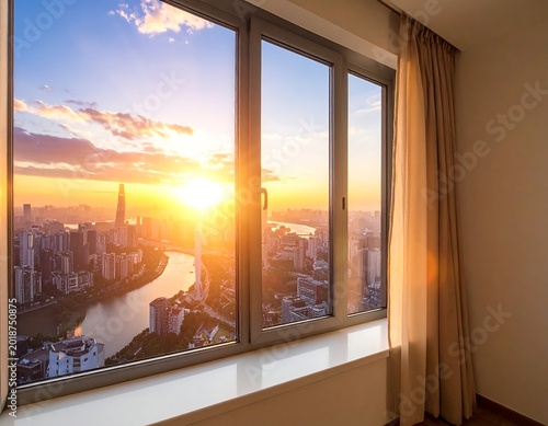 Panoramic city skyline view through a window