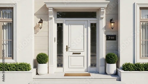 Elegant white front entrance door of a classic luxury home