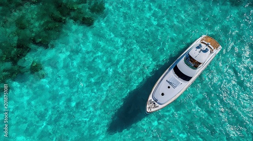 Luxury Yacht in Tropical Waters: An elegant white yacht floats serenely in the crystal-clear turquoise waters of a tropical paradise, its shadow a deep silhouette against the vibrant seabed.