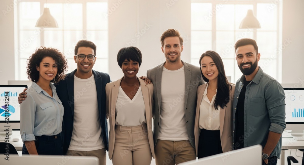 Obraz premium Diverse Group Smiles Together in Modern Bright Office Environment