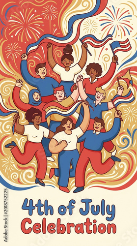 Playful flat Independence Day illustration with curved limbs ribbons and festive crowd energy