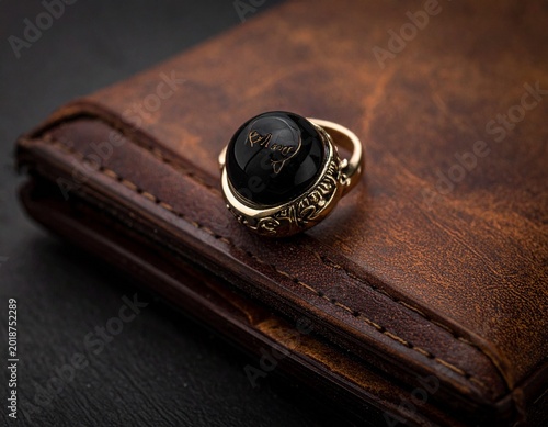 Ornate ring on leather wallet