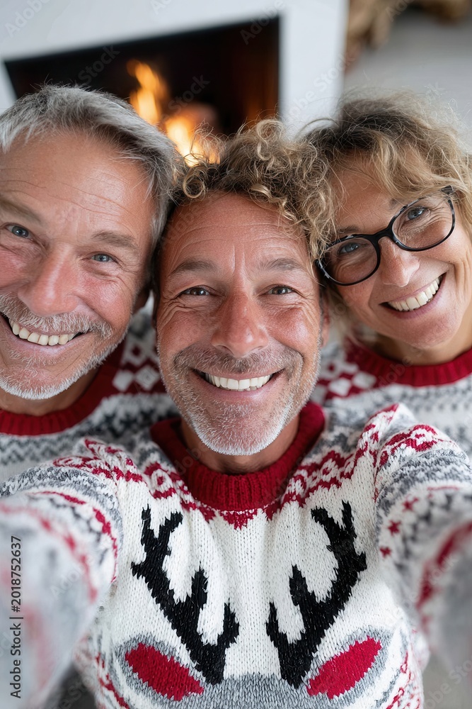 Naklejka premium Three cheerful middle aged adults in matching reindeer sweaters pose for a selfie near a glowing fireplace indoors.
