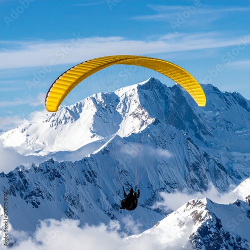 Paraglider flies over snowy peaks