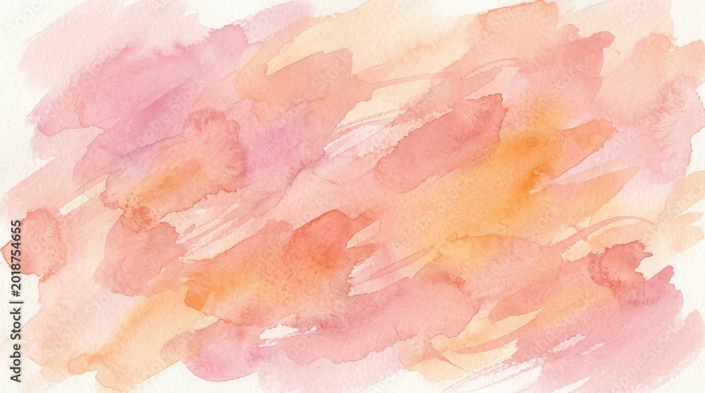 Fototapeta premium Abstract watercolor background in pastel pink and orange tones, soft hand painted wash texture, artistic peach and rose watercolor splash for stationery