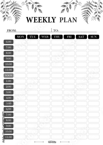 Minimalist Weekly Planner Template with Botanical Elements and Hourly Schedule 