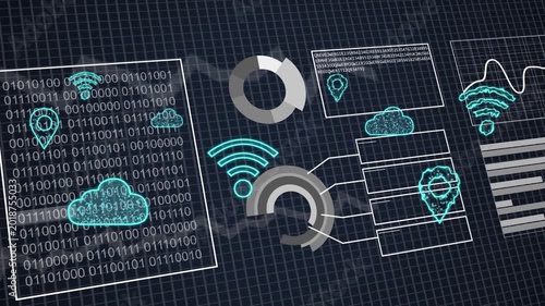 On load cluster animating: binary, WiFi expanding, rings pulsing, linking panels for network status