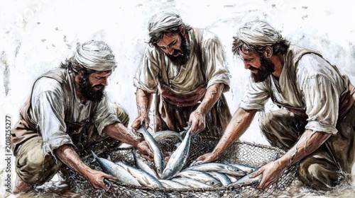 A moment of teamwork as Jesus and his followers clean fish.