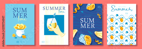 Set of summer Italian posters or covers with limoncello cocktail, flower pot, seafood and lemon pattern. Menu design. Vector illustration