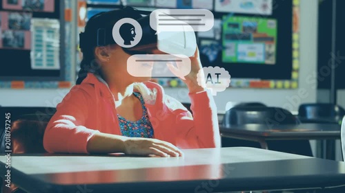 Student donning VR headset at desk, AI bubbles popping near head, reaching to explore learning