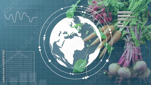 Bubble forming, white globe rotating, adding rings and nodes, HUD showing produce data over veggies