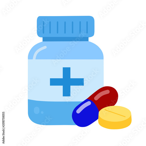 A vibrant illustration of a healthcare medicine bottle accompanied by a red and blue capsule and a yellow tablet, representing pharmaceutical care and well-being solutions