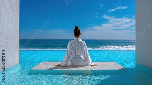 Zen Serenity: A figure sits in tranquil contemplation, gazing upon the serene horizon where azure waters merge seamlessly with the sky. A symbol of peace and contemplation.