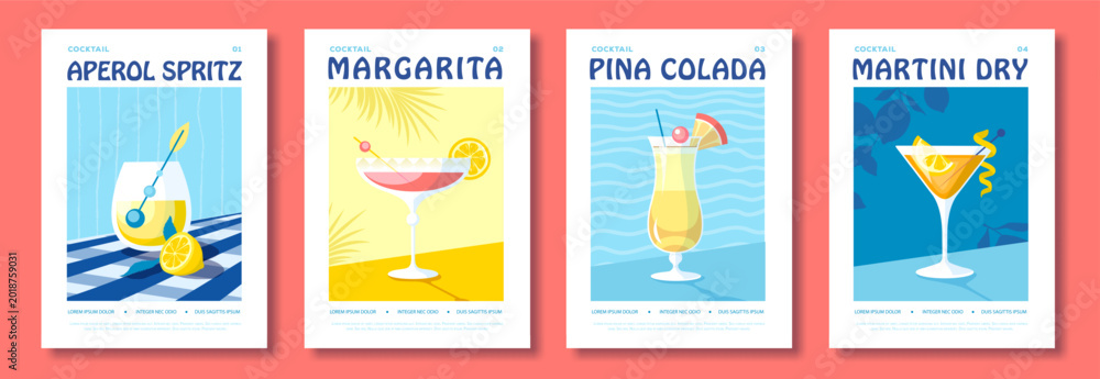 Naklejka premium Set of summer Italian flat posters or covers with cocktails. Menu design. Vector illustration