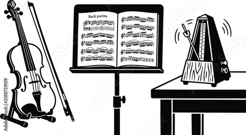 Bilde på lerret Classical music ensemble setup a violin on a stand with a bow an open sheet musi