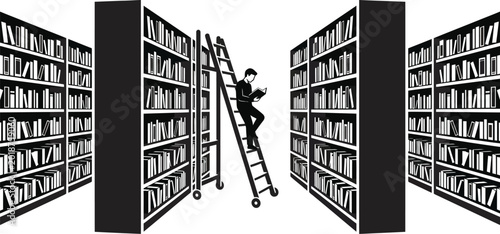 Tableau sur toile Man reading a book while climbing a ladder between tall bookshelves in a library