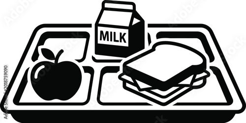 Photos School cafeteria lunch tray with apple sandwich and milk carton representing chi