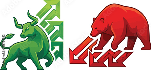 Bild auf Leinwand Green bull charging upwards with rising arrows symbolizing market growth and fin