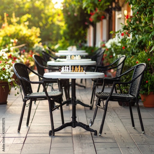 Outdoor cafe tables with chess game